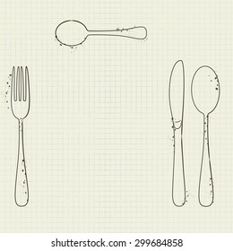 vector drawing silhouettes of cutlery on a piece of a school notebook
