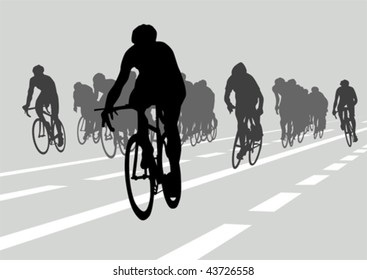 Vector drawing silhouettes cyclists in competition