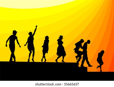 Vector drawing silhouettes of dancing artists on stage