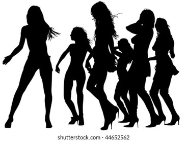 Vector drawing silhouettes of dancing girls in a nightclub