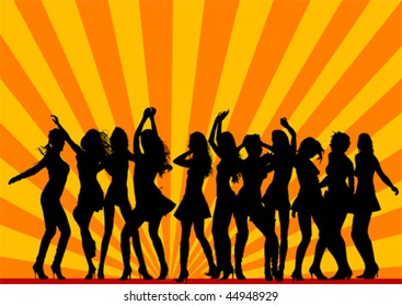 Siluetas vectoriales de dibujo de niñas bailarinas en una discoteca