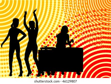 Vektorgrafik von Silhouetten zum Tanzen von Mädchen und DJ in einer Diskothek