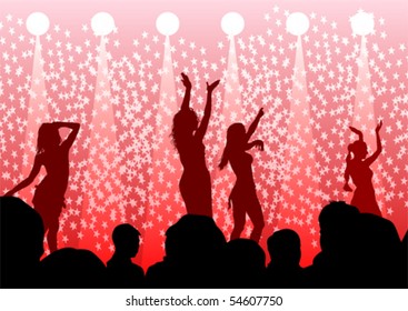 Vector drawing silhouettes of dancing girls in a nightclub