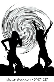 Siluetas vectoriales de dibujo de niñas bailarinas en una discoteca