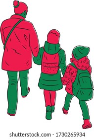 Zeichnung von Silhouetten Mutter mit ihren kleinen Töchtern, die im Freien spazieren