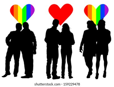 Vector dibujando siluetas de personas en un fondo de corazones. La liberación de propiedades está adjunta al archivo