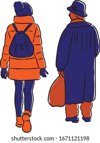 Vector drawing of silhouettes senior woman and her granddaughter walking along street