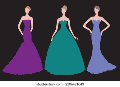 Dibujo vectorial de siluetas delgadas mujeres jóvenes hermosas en vestidos nocturnos