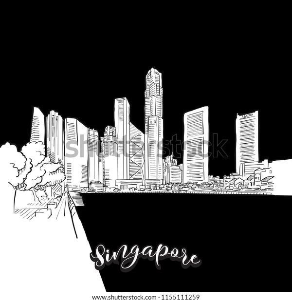 Vector Drawing Singapore Skyline Outline Travel: เวกเตอร์สต็อก (ปลอดค่า ...
