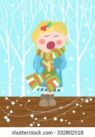 Vector drawing with a singing woman. Postcard for the new year. For your design