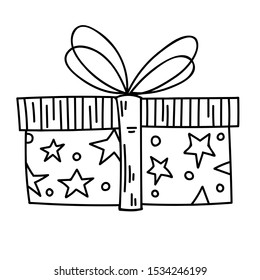 Vector drawing. Single hand drawn Christmas and gift box. Doodle vector illustration for greeting cards, posters, stickers and seasonal design. 
      Isolated on white background.