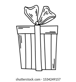 Vector drawing. Single hand drawn Christmas and gift box. Doodle vector illustration for greeting cards, posters, stickers and seasonal design. 
      Isolated on white background.