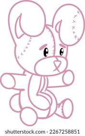 Vector drawing sitting stuffed plush rabbit toy  doll  Hand drawn  doodle  flat  in cartoon style  cute  animal  Easter  Easter bunny  spring  holiday  Pink contour  silhouette  beady eyes 