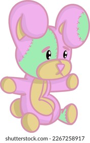 Vector drawing sitting stuffed plush rabbit toy  doll  Hand drawn  doodle  flat  in cartoon style  cute  animal  Easter  Easter bunny  spring  holiday  Colourful  pink  green  beige  colours 