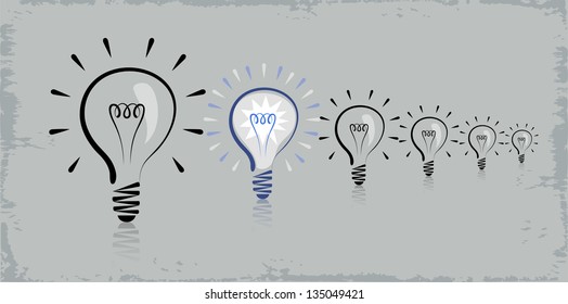 Vector drawing of the six light bulbs with the rays.