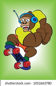 Vector drawing of a skating cartoon gorilla with headphones wearing colorful clothings and having fun