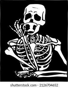 Vector drawing of a skeleton calmly drinking a cup of tea.
