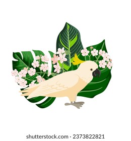 vector drawing sketch of bird, hand drawn cockatoo, flowers and green palm leaves, isolated nature design element