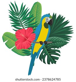 vector drawing sketch of bird, hand drawn blue-and-yellow macaw, green palm leaves and red hibiscus flower, isolated nature design element