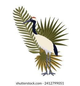 vector drawing sketch of bird, hand drawn red-crowned crane and green palm leaves, isolated nature design element