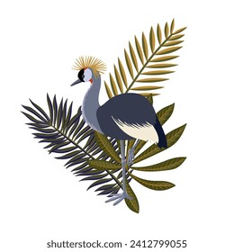 vector drawing sketch of bird, hand drawn black crowned crane and leaves, isolated nature design element