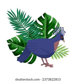 vector drawing sketch of bird, Victoria crowned pigeon and green palm leaves ,Goura victoria, hand drawn songbird, isolated nature design element