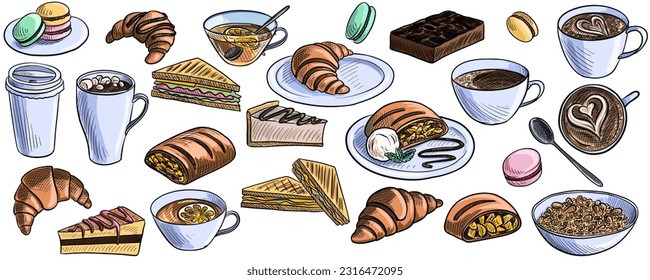vector drawing sketch of breakfast meal, croissants,oatmeal,sandwiches and macaroons, cups of coffee and tea isolated at white background, hand drawn illustration