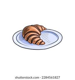 vector drawing sketch of croissant at plate, hand drawn illustration at white background