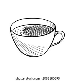 vector drawing sketch of cup with coffee, hand drawn illustration at white background
