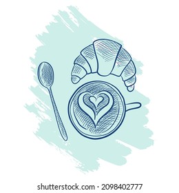 dibujo vectorial de la taza de café y croissant, ilustración dibujada a mano en el fondo de la textura