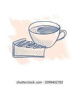 vector drawing sketch of cup of coffee and piece of cheesecake with chocolate, hand drawn illustration at texture background