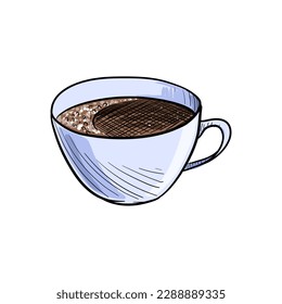 vector drawing sketch of cup with coffee, hand drawn illustration at white background
