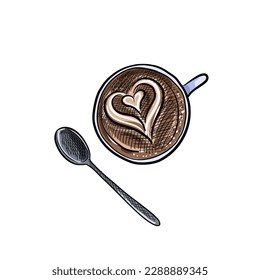 vector drawing sketch of cup with coffee, hand drawn illustration at white background