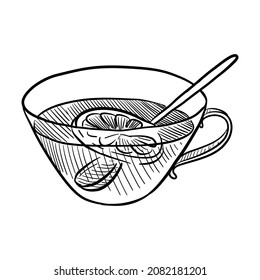 vector drawing sketch of cup with tea and lemon, hand drawn illustration at white background