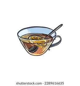 vector drawing sketch of cup with tea and lemon, hand drawn illustration at white background