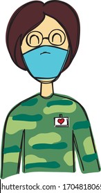 Vector drawing sketch of a female military police officer or private in a medical mask. You can use it as a logo, illustration, icon, graphic design, web design, ad, poster, warning, or designation.
