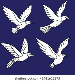 vector drawing sketch of flying birds, hand drawn songbirds, isolated nature design elements........