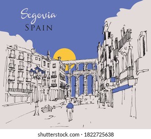 Vector drawing sketch illustration of the ancient Roman aqueduct in Segovia, Spain svg
