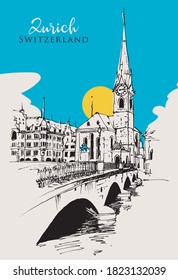 Vektorgrafik-Zeichnung-Illustration der Münster-Brücke, Fraumünster-Kirche und der Altstadtpromenade, Zürich, Schweiz