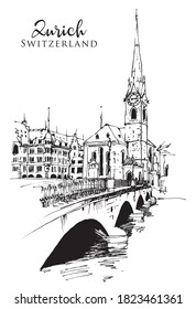 Vector drawing sketch illustration of the Muenster Bridge, Fraumuenster church and the old town promenade, Zurich, Switzerland