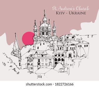 Vector drawing sketch illustration of St. Andrew's Church in Kyiv, Ukraine