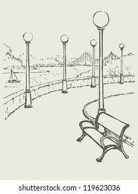 Vector drawing. Sketch of a landscape with a river. Bench and lights along the road of the park