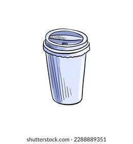 vector drawing sketch of paper disposable cup of coffee, isolated at white background, hand drawn illustration