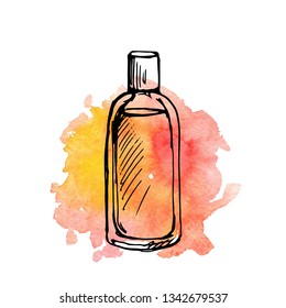 vector drawing sketch of perfume bottle at watercolor background