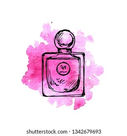vector drawing sketch of perfume bottle at pink watercolor background