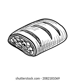 vector drawing sketch of piece of apple strudel, hand drawn illustration at white background