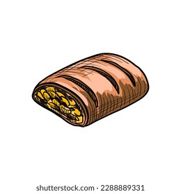 vector drawing sketch of piece of apple strudel , hand drawn illustration at white background