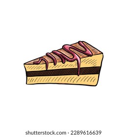 vector drawing sketch of piece of cake with jam, hand drawn illustration at white background