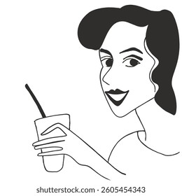 vector drawing, sketch, smiling girl holding a glass with a straw in her hand