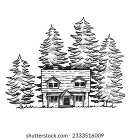 vector drawing in sketch style, house in the woods. old wooden house on the background of fir trees